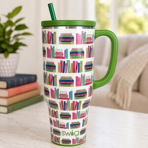 Swig Life Book Club 22 oz Travel Mug Books Green Handle Lid Straw Retails for 42